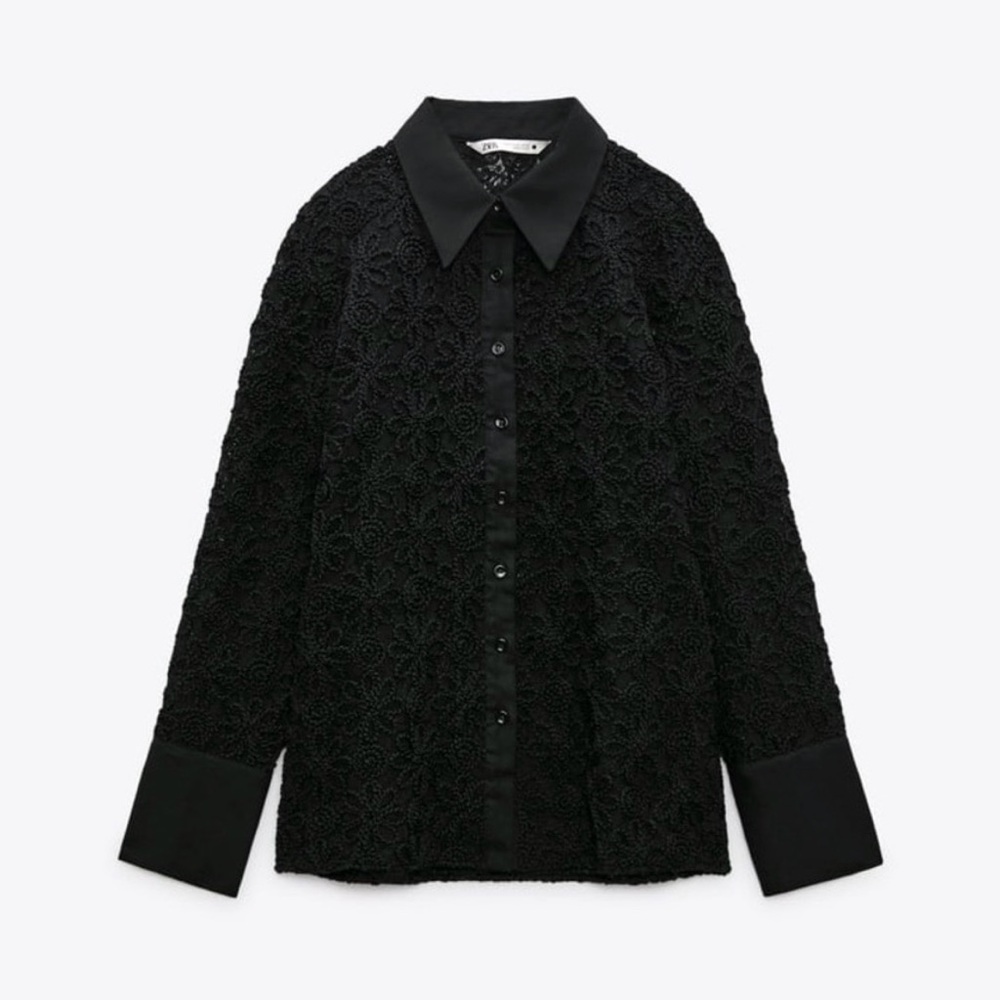 Zara Black Floral Lace Button-Down Blouse